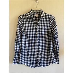 J Crew Factory Navy Blue White Gingham Check Cotton Button Up Shirt Womens XS